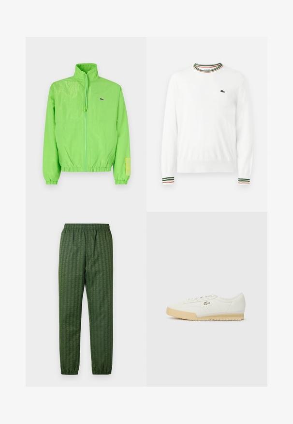 Grøn vindjakke med høj krave, lynlåslukning foran, elastiske manchetter og nederste kant. Har et lille logo og en labeldetalje på ærmet.; Hvid sweater med rund hals, prydet med grønne, røde og orange striber på kraven og ærmerne. Lacoste-logo på brystet.; Grønne mønstrede træningsbukser med elastisk talje, smalle ben og et geometrisk design over det hele. Lavet af letvægtsmateriale.; Hvide lædersneakers med en struktureret overflade, beige gummisål, snørebåndsdesign og subtil logodetalje på siden.