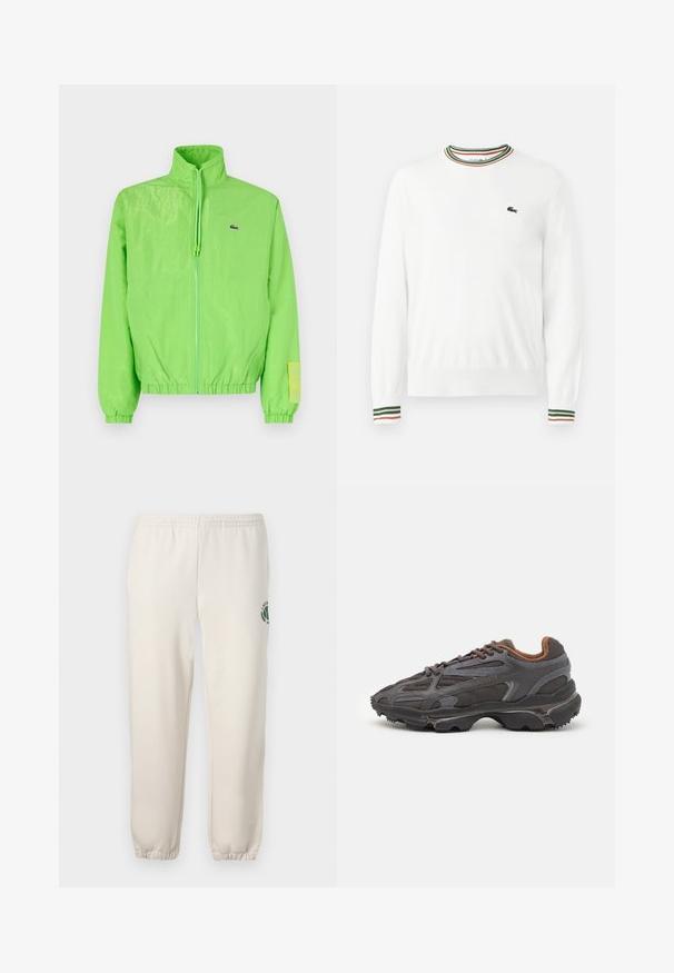 Grøn vindjakke med høj krave, lynlåslukning foran, elastiske manchetter og nederste kant. Har et lille logo og en labeldetalje på ærmet.; Hvid sweater med rund hals, prydet med grønne, røde og orange striber på kraven og ærmerne. Lacoste-logo på brystet.; Lys beige sweatpants lavet af bomuld, med elastisk talje, ribbede mansjetter og et grønt logo med bladdesign på venstre ben.; Lacoste sneakers i mørkegrå med mesh og syntetisk materiale, udstyret med en tekstureret sål og brune accenter på kraven og brandingen.