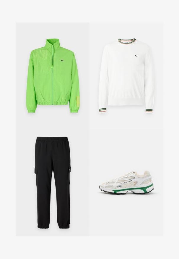 Chaqueta cortavientos verde con cuello alto, cierre frontal de cremallera, puños elásticos y dobladillo. Presenta un pequeño logo y un acento de etiqueta en la manga.; Suéter blanco con cuello redondo, que presenta acentos de rayas verdes, rojas y naranjas en el cuello y las mangas. Logo de Lacoste en el pecho.; Pantalones de chándal negros con cintura elástica, puños ajustados y bolsillos laterales tipo cargo. Fabricados con material suave y textura lisa.; Zapatilla blanca con acento verde y suela de goma negra. Presenta paneles de malla y sintéticos, con un acabado texturizado y costuras visibles.