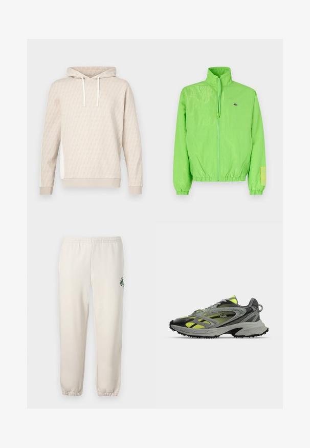 Veste coupe-vent verte avec un col montant, fermeture éclair à l'avant, poignets élastiques et ourlet. Présente un petit logo et un accent en étiquette sur la manche.; Sweat à capuche beige avec un motif géométrique subtil, capuche à cordon, poignets côtelés et panneaux latéraux. Texture douce, design décontracté.; Pantalon de jogging beige clair en coton, doté d'une taille élastique, de poignets en côtes et d'un logo vert avec un design de feuille sur la jambe gauche.; Chaussure de sport grise et jaune avec des accents noirs et une semelle texturée vue de côté sur un fond clair uni.
