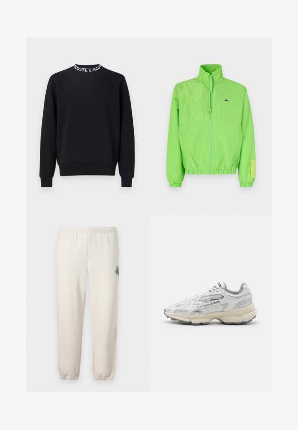 Grüne Windjacke mit hohem Kragen, Reißverschluss vorne, elastischen Bündchen und Saum. Verfügt über ein kleines Logo und ein Etikett-Detail am Ärmel.; Schwarzer Hoodie mit rundem Halsausschnitt und weißem "LACOSTE"-Schriftzug, gerippten Bündchen und Saum sowie einem kleinen schwarzen Logo auf der Brust.; Helle beige Sweatpants aus Baumwolle mit einem elastischen Bund, gerippten Bündchen und einem grünen Logo mit Blattdesign am linken Bein.; Weiße Sportschuhe mit grauen Akzenten, Obermaterial aus Mesh und Synthetik, Schnürdesign und rutschfester Gummisohle mit Strukturmustern.