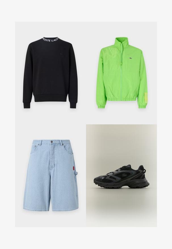 Grüne Windjacke mit hohem Kragen, Reißverschluss vorne, elastischen Bündchen und Saum. Verfügt über ein kleines Logo und ein Etikett-Detail am Ärmel.; Schwarzer Hoodie mit rundem Halsausschnitt und weißem "LACOSTE"-Schriftzug, gerippten Bündchen und Saum sowie einem kleinen schwarzen Logo auf der Brust.; Hellblaue Jeansshorts mit einem strukturierten Muster, zwei Vordertaschen und einer Seitentasche mit einem roten Etikett.; Schwarzer Sportschuh mit Netz панели, einer strukturierten Sohle, Schnürsenkeln und einer geschwungenen Silhouette mit silbernen Akzenten an den Seiten.