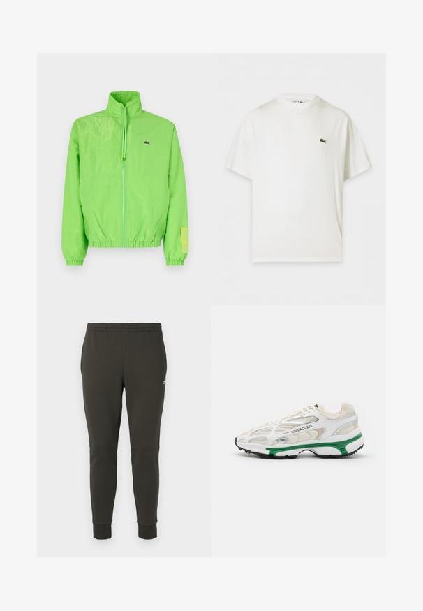 Veste coupe-vent verte avec un col montant, fermeture éclair à l'avant, poignets élastiques et ourlet. Présente un petit logo et un accent en étiquette sur la manche.; T-shirt blanc à manches courtes avec col rond et petit logo crocodile vert sur la poitrine gauche.; Jogging en vert foncé en tissu doux, avec une taille élastique, des poignets côtelés et un petit logo sur le côté.; Sneaker blanc avec accents verts et semelle en caoutchouc noir. Comprend des panneaux en mesh et en synthétique, avec une finition texturée et des coutures visibles.