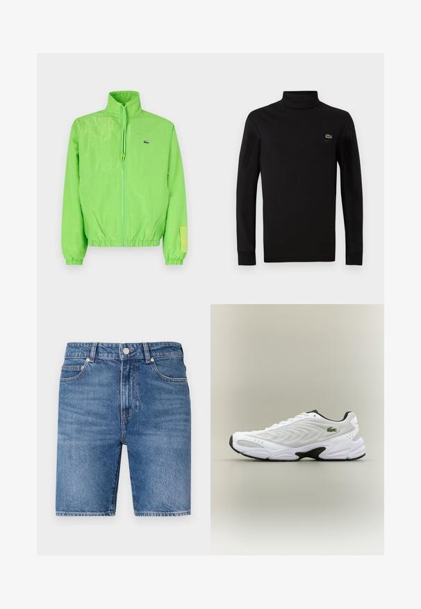 Grøn vindjakke med høj krave, lynlåslukning foran, elastiske manchetter og nederste kant. Har et lille logo og en labeldetalje på ærmet.; Sort langærmet turtleneck lavet af glat bomuldsstof, med et lille grønt krokodillelogo på venstre bryst.; Denim shorts i mellemblå vask med lige snit, fem-lomme design og topknap lukning. Har kontrasterende syninger.; Hvide atletiske sko med tekstureret mesh-overdel, buet design og kontrasterende sort ydersål. Har en grøn broderet logo på siden.