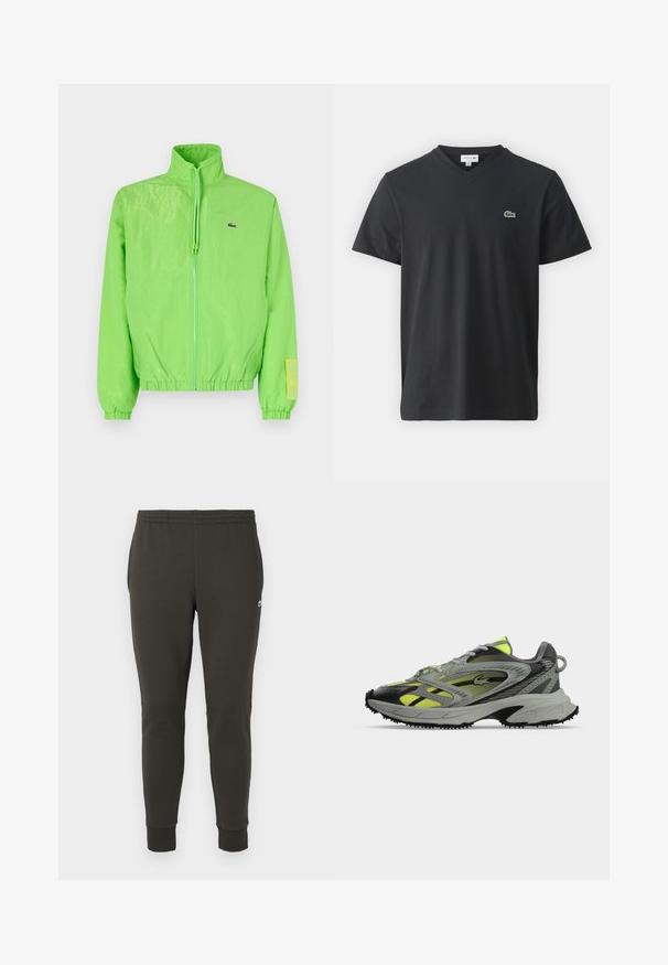 Veste coupe-vent verte avec un col montant, fermeture éclair à l'avant, poignets élastiques et ourlet. Présente un petit logo et un accent en étiquette sur la manche.; T-shirt en coton noir avec un col en V, des manches courtes et un petit logo de crocodile brodé en vert sur la poitrine gauche.; Jogging en vert foncé en tissu doux, avec une taille élastique, des poignets côtelés et un petit logo sur le côté.; Chaussure de sport grise et jaune avec des accents noirs et une semelle texturée vue de côté sur un fond clair uni.