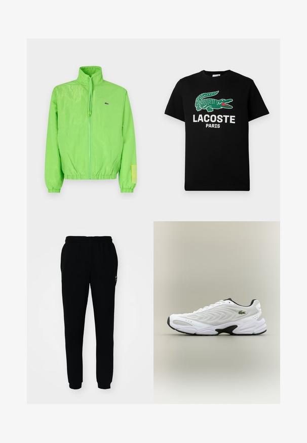 Grüne Windjacke mit hohem Kragen, Reißverschluss vorne, elastischen Bündchen und Saum. Verfügt über ein kleines Logo und ein Etikett-Detail am Ärmel.; Schwarzes Baumwoll-T-Shirt mit grünem Krokodil-Logo und dem Text "LACOSTE PARIS" in Weiß. Kurze Ärmel und klassischer Rundhalsausschnitt.; Schwarze Jogginghose mit elastischem Bund und Bündchen. Aus weichem Stoff gefertigt, mit einem kleinen Logo auf der oberen linken Seite.; Weißer Sportschuh mit strukturiertem Mesh-Obermaterial, geschwungenem Design und kontrastierender schwarzer Laufsohle. Mit grünem gesticktem Logo an der Seite.