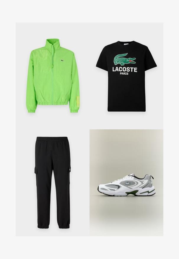 Chaqueta cortavientos verde con cuello alto, cierre frontal de cremallera, puños elásticos y dobladillo. Presenta un pequeño logo y un acento de etiqueta en la manga.; Camiseta de algodón negra con un logo de cocodrilo verde y el texto "LACOSTE PARIS" en blanco. Manga corta y cuello redondo clásico.; Pantalones de chándal negros con cintura elástica, puños ajustados y bolsillos laterales tipo cargo. Fabricados con material suave y textura lisa.; Zapatilla deportiva de running en blanco y gris, con paneles de malla, acentos verdes, detalles en negro y un logo en el costado, vista desde el lado exterior.