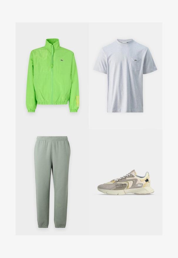 Veste coupe-vent verte avec un col montant, fermeture éclair à l'avant, poignets élastiques et ourlet. Présente un petit logo et un accent en étiquette sur la manche.; T-shirt en coton gris à manches courtes, col rond et poche poitrine gauche avec un petit logo vert. Texture lisse, coupe décontractée.; Pantalons de survêtement vert clair avec une taille élastique, des jambes effilées et des ourlets de cheville côtelés. Fabriqués en tissu doux et léger.; Baskets Lacoste beige et crème avec des empiècements en mesh et en suède, lacets blancs et texte de marque sur le côté, vues du côté extérieur.