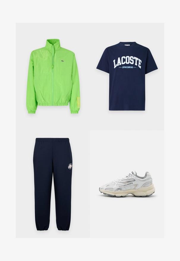 Grüne Windjacke mit hohem Kragen, Reißverschluss vorne, elastischen Bündchen und Saum. Verfügt über ein kleines Logo und ein Etikett-Detail am Ärmel.; Dunkelblaues Baumwoll-T-Shirt mit Rundhalsausschnitt und kurzen Ärmeln. Präsentiert große, weiße "LACOSTE"-Schrift und darunter "SPORTSWEAR" in Hellblau.; Navyblaue Sweatpants aus weichem Baumwollmaterial mit elastischen Bündchen und Bund. Mit einem weißen Lacoste Paris Logo auf dem linken Bein.; Weiße Sportschuhe mit grauen Akzenten, Obermaterial aus Mesh und Synthetik, Schnürdesign und rutschfester Gummisohle mit Strukturmustern.