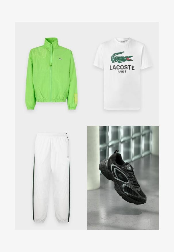 Veste coupe-vent verte avec un col montant, fermeture éclair à l'avant, poignets élastiques et ourlet. Présente un petit logo et un accent en étiquette sur la manche.; Lacoste T-shirt imprimé - white; Pantalons de sport blancs avec des panneaux latéraux vert foncé. Tissu léger, taille élastique et ourlets côtelés. Présente une texture en maille sur les panneaux latéraux.; Chaussure de sport noire en mesh et matériau synthétique, avec une semelle texturée, un design élégant, des accents argentés et un laçage à l'avant.
