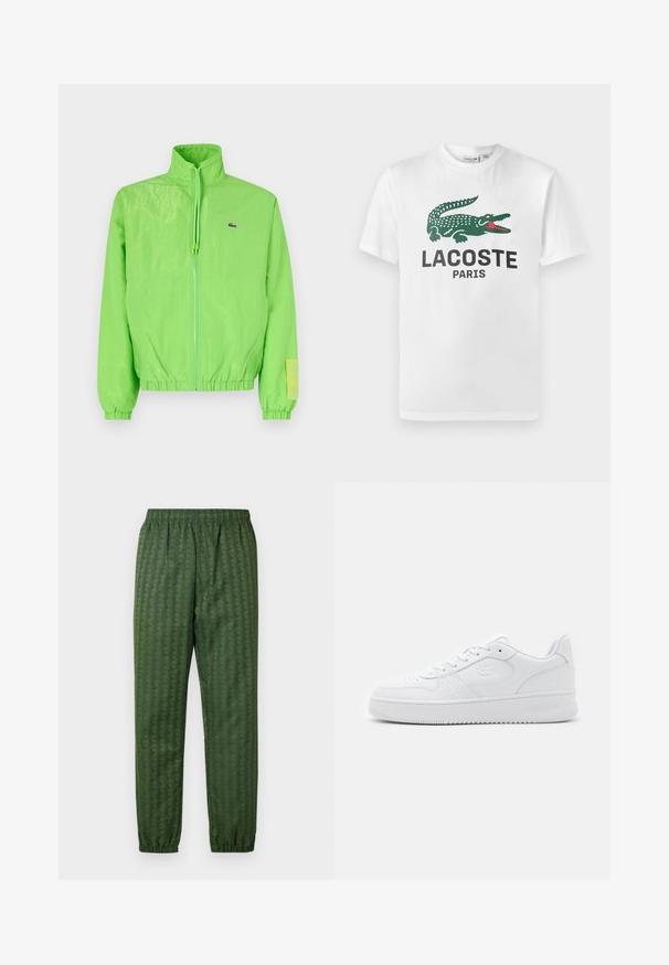 Veste coupe-vent verte avec un col montant, fermeture éclair à l'avant, poignets élastiques et ourlet. Présente un petit logo et un accent en étiquette sur la manche.; Lacoste T-shirt imprimé - white; Pantalons de sport verts à motif avec une taille élastique, jambes effilées et un design géométrique. Fabriqués en matériau léger.; Baskets en cuir blanc avec une boîte à orteils perforée, des lacets plats et un col rembourré. Présente un logo en relief sur le côté et une semelle en caoutchouc texturée.