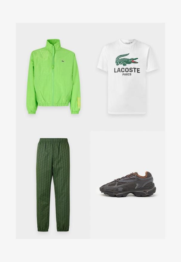 Grüne Windjacke mit hohem Kragen, Reißverschluss vorne, elastischen Bündchen und Saum. Verfügt über ein kleines Logo und ein Etikett-Detail am Ärmel.; Lacoste T-Shirt print - white; Grüne Sporthose mit Muster, elastischem Bund, schmal zulaufenden Beinen und durchgehend geometrischem Design. Hergestellt aus leichtem Material.; Lacoste Sneaker in Dunkelgrau aus Mesh und Synthetikmaterial, mit einer strukturierten Sohle und braunen Akzenten am Kragen und Logo.