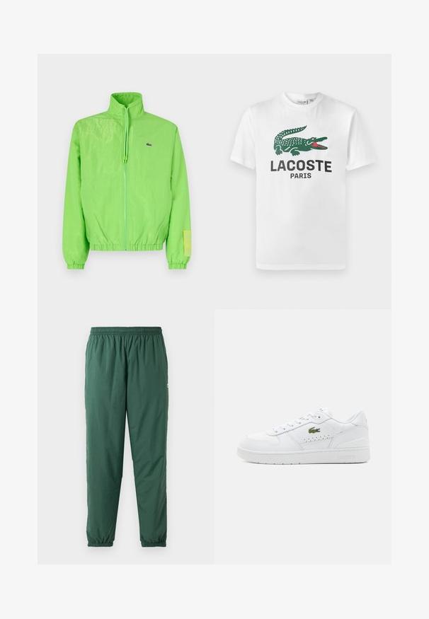Zelená vetrovka s vysokým golierom, zipsom vpredu, elastickými manžetami a lemom. Má malé logo a výraznú nášivku na rukáve.; Lacoste Tričko s potlačou - white; Zelené, ľahké, elastické nohavice so sťahovacím pásom a manžetami, vyrobené z hladkého, vodoodpudivého materiálu.; Biele kožené tenisky s perforovanými detailmi, plochými šnúrkami a malým zeleným logom na bokoch. Gumová podrážka a polstrovaný golier pre pohodlie.