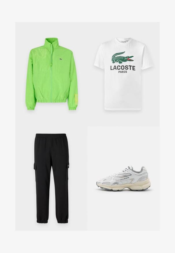 Grøn vindjakke med høj krave, lynlåslukning foran, elastiske manchetter og nederste kant. Har et lille logo og en labeldetalje på ærmet.; Lacoste T-shirts print - white; Sorte sweatpants med elastisk talje, indsnævrede manchetter og sidelommer. Fremstillet af blødt materiale med en glat tekstur.; Hvide sportssko med grå detaljer, overdel i mesh og syntetiske materialer, snørebåndsdesign og tekstureret gummisål med grebemønstre.
