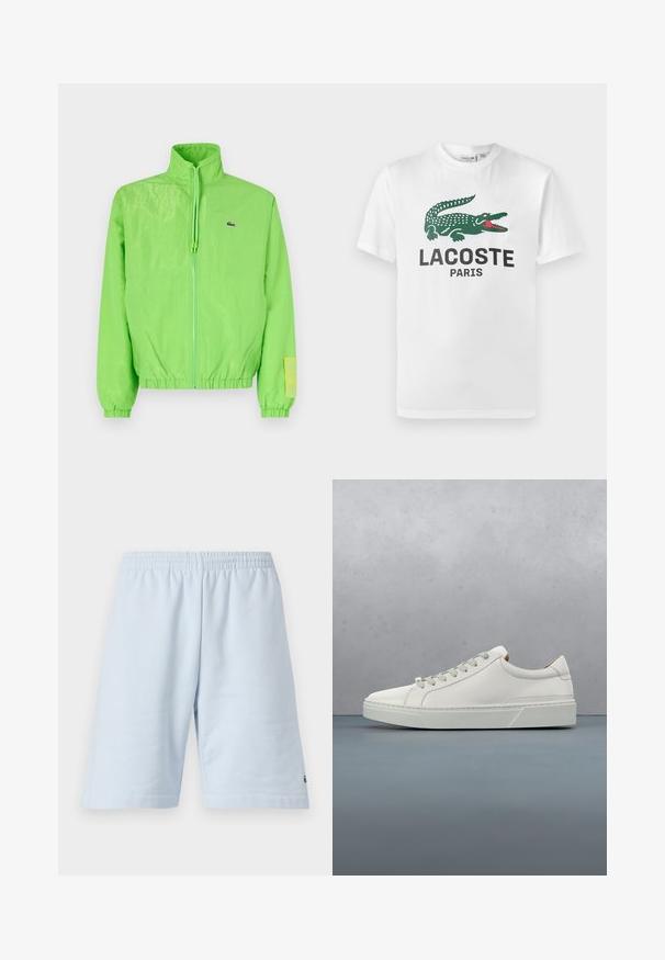 Groene windbreakers met een hoge kraag, ritssluiting aan de voorkant, elastische manchetten en zoom. Bevat een klein logo en een labelaccent op de mouw.; Lacoste T-shirt print - white; Lichtblauwe katoenen shorts met een elastische tailleband. Beschikt over een eenvoudig, effen ontwerp en open zoom. Logoaccent aan de onderzoom.; Witte leren sneaker met een ronde neus, minimalistisch ontwerp, grijze veters en een gestructureerde grijze rubberen zool. Fijne stikdetails zichtbaar.