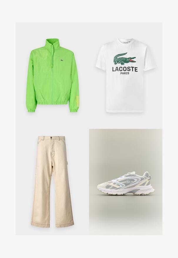 Roheline WINDJAKK, millel on kõrge krae, lukuga esiosa, elastsed varrukad ja allaosa. Kätel on väike logo ja sildike.; Lacoste Trükipildiga T-särk - white; Beige laiad jalgadega püksid, mis on valmistatud puuvillast ja millel on lukk ja nööp, kontrastsete õmbluste ja küljetaskutega.; Valge sportlik king, millel on hallid võrkdetaile, tekstuuriga kate, pehmendustega krae ja kummist sisetald, millel on väikesed haarepunktid.