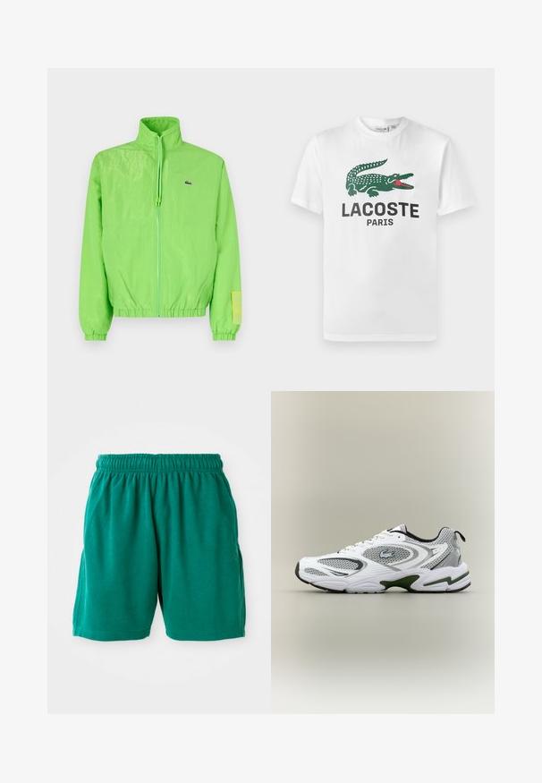Grøn vindjakke med høj krave, lynlåslukning foran, elastiske manchetter og nederste kant. Har et lille logo og en labeldetalje på ærmet.; Lacoste T-shirts print - white; Grønne bomuldsbukser med elastisk talje, sidelommer og sømmet kant. Glat tekstur med en afslappet, casual pasform.; Hvid og grå sporty løbesko med mesh-paneler, grønne detaljer, sorte elementer og et logo på siden, vist fra ydersiden.