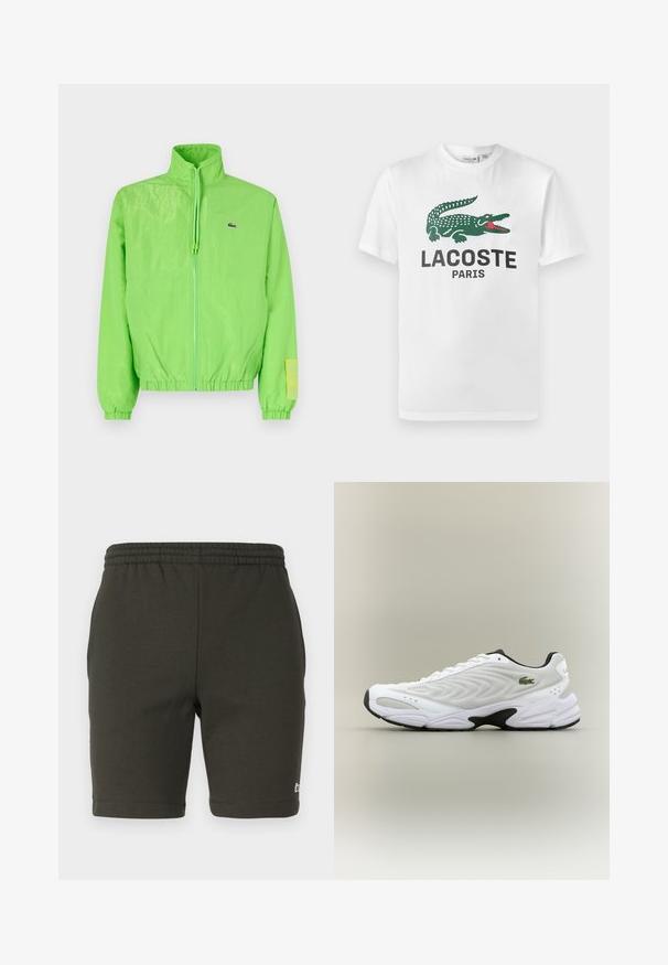 Grüne Windjacke mit hohem Kragen, Reißverschluss vorne, elastischen Bündchen und Saum. Verfügt über ein kleines Logo und ein Etikett-Detail am Ärmel.; Lacoste T-Shirt print - white; Dunkelgrüne Shorts mit elastischem Bund aus weichem Stoff. Hat einen geraden Schnitt, hemmen die Beine und zeigt ein kleines Logo auf der unteren rechten Seite.; Weißer Sportschuh mit strukturiertem Mesh-Obermaterial, geschwungenem Design und kontrastierender schwarzer Laufsohle. Mit grünem gesticktem Logo an der Seite.