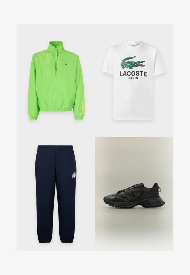 Grüne Windjacke mit hohem Kragen, Reißverschluss vorne, elastischen Bündchen und Saum. Verfügt über ein kleines Logo und ein Etikett-Detail am Ärmel.; Lacoste T-Shirt print - white; Navyblaue Sweatpants aus weichem Baumwollmaterial mit elastischen Bündchen und Bund. Mit einem weißen Lacoste Paris Logo auf dem linken Bein.; Schwarzer Sportschuh mit strukturiertem Obermaterial, eleganten Linien, Schnürverschluss und Gummilaufsohle mit Traktionsspikes. Prägung des Logodesigns.
