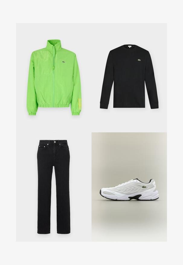 Grøn vindjakke med høj krave, lynlåslukning foran, elastiske manchetter og nederste kant. Har et lille logo og en labeldetalje på ærmet.; Sort langærmet crew neck skjorte med lille grønt krokodillelogo på venstre bryst, vist mod en ensartet lys baggrund.; Sorte jeans med højtaljet, lige ben, front- og baglommer, sølvfarvet knaplukning og bæltestropper på hvid baggrund.; Hvide atletiske sko med tekstureret mesh-overdel, buet design og kontrasterende sort ydersål. Har en grøn broderet logo på siden.