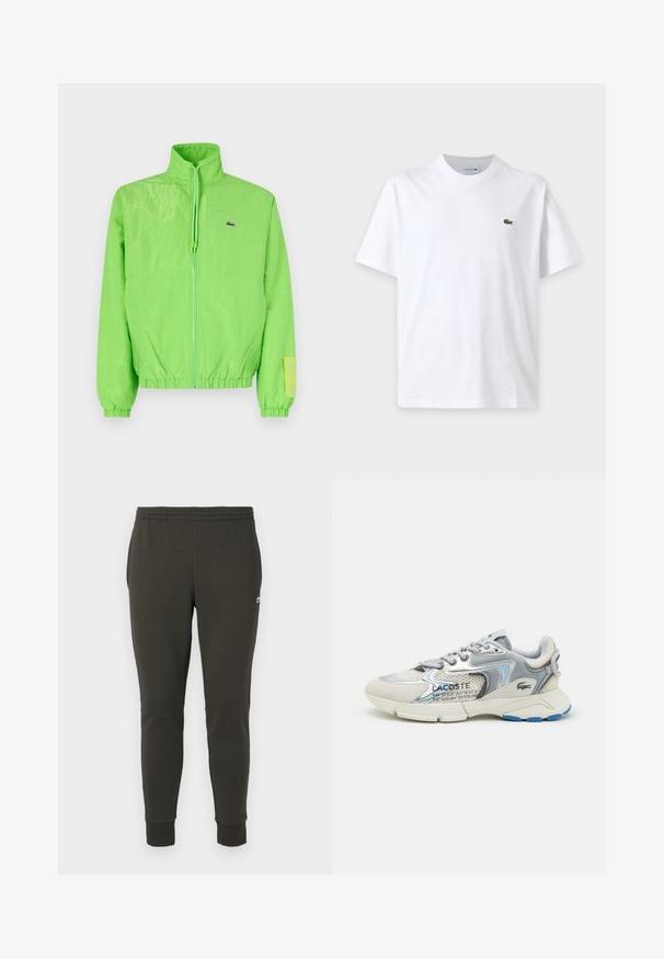Veste coupe-vent verte avec un col montant, fermeture éclair à l'avant, poignets élastiques et ourlet. Présente un petit logo et un accent en étiquette sur la manche.; T-shirt blanc uni à manches courtes avec col rond et petit logo crocodile vert sur la poitrine gauche.; Jogging en vert foncé en tissu doux, avec une taille élastique, des poignets côtelés et un petit logo sur le côté.; Baskets Lacoste avec un mélange de daim gris et de mesh, avec un accent bleu, des détails texturés et une semelle blanche. Comprend un texte de marque sur le côté.