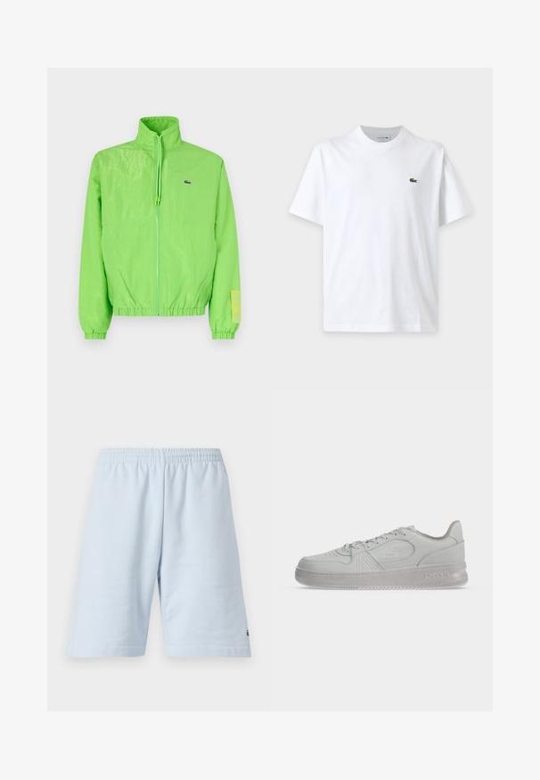 Grüne Windjacke mit hohem Kragen, Reißverschluss vorne, elastischen Bündchen und Saum. Verfügt über ein kleines Logo und ein Etikett-Detail am Ärmel.; Schlichtes weißes T-Shirt mit kurzen Ärmeln, Rundhalsausschnitt und kleinem grünem Krokodil-Logo auf der linken Brust.; Helle blaue Baumwollshorts mit elastischem Bund. Einfaches, einfarbiges Design und offener Saum. Logo-Verzierung am unteren Saum.; Weißer, flacher Lacoste-Sneaker mit Schnürsenkeln, geprägtem Logo an der Seite und strukturierter Sohle auf einfachem Hintergrund.