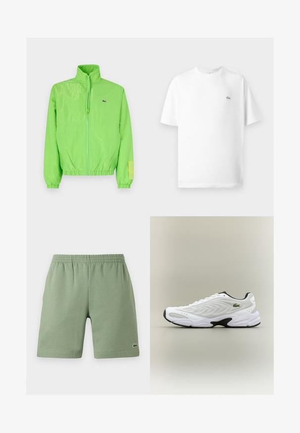 Groene windbreakers met een hoge kraag, ritssluiting aan de voorkant, elastische manchetten en zoom. Bevat een klein logo en een labelaccent op de mouw.; Witte katoenen t-shirt met een ronde hals en korte mouwen. Bevat een klein zwart Lacoste-logo aan de linkerkant van de borst.; Groene katoenen shorts met een elastische tailleband, ontspannen pasvorm en een klein geborduurd logo aan de onderkant aan de linkerzijde. Gladde textuur, geen zakken.; Witte sportieve schoen met een textuur van gaas bovenwerk, gebogen ontwerp en contrasterende zwarte zool. Heeft een groen geborduurd logo aan de zijkant.