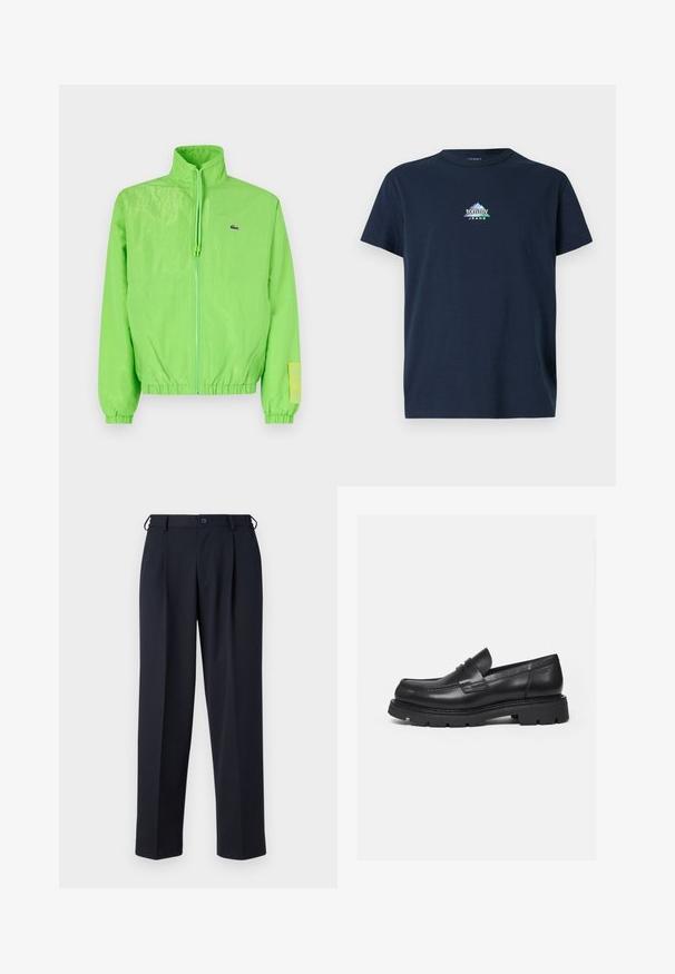 Grüne Windjacke mit hohem Kragen, Reißverschluss vorne, elastischen Bündchen und Saum. Verfügt über ein kleines Logo und ein Etikett-Detail am Ärmel.; Marineblaue Baumwoll-T-Shirt mit kurzen Ärmeln, Rundhalsausschnitt, mit einem weißen und grünen Berglogo und dem Text "tommy JEANS" auf der Brust.; Marineblaue, maßgeschneiderte Hose mit Knopf- und Reißverschluss vorne, Gürtelschlaufen und Seitentaschen, gezeigt auf weißem Hintergrund.; Schwarzer Lederloafer mit dicker, profilierter Sohle und Pennyriemen-Detail, von der rechten Seitenansicht auf weißem Hintergrund gezeigt.