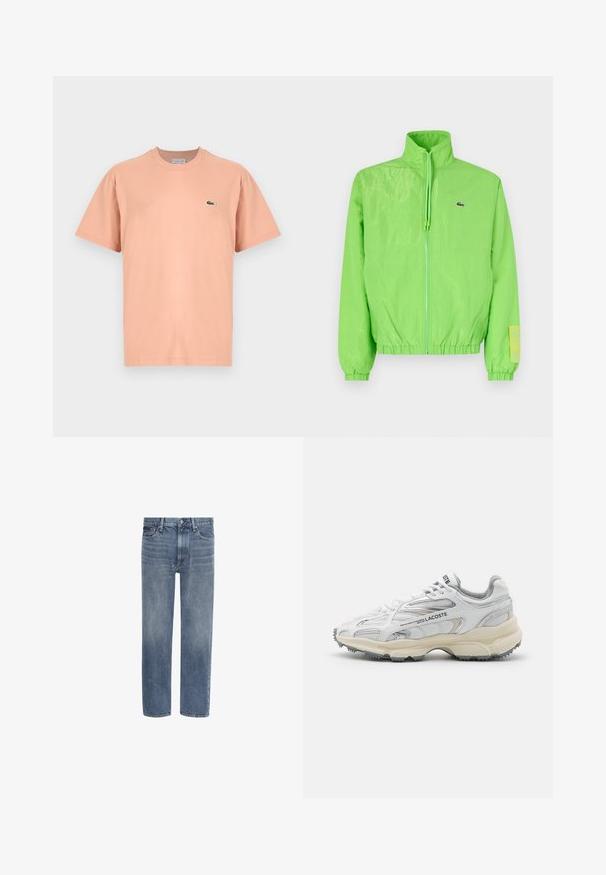 Chaqueta cortavientos verde con cuello alto, cierre frontal de cremallera, puños elásticos y dobladillo. Presenta un pequeño logo y un acento de etiqueta en la manga.; Camiseta de manga corta y cuello redondo en algodón color durazno claro con un pequeño logo de cocodrilo verde de Lacoste en el lado izquierdo del pecho.; Vaqueros de denim azul con pierna recta, bolsillos delanteros, trabillas para cinturón y cierre de botón.; Zapatillas deportivas blancas con detalles en gris, parte superior de malla y sintético, diseño de cordones, y suela de goma texturizada con patrones de tracción.