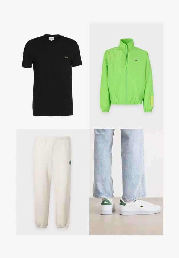 Veste coupe-vent verte avec un col montant, fermeture éclair à l'avant, poignets élastiques et ourlet. Présente un petit logo et un accent en étiquette sur la manche.; T-shirt en coton noir à manches courtes, col rond, avec petit logo vert Lacoste sur la poitrine. Texture lisse, coupe classique.; Pantalon de jogging beige clair en coton, doté d'une taille élastique, de poignets en côtes et d'un logo vert avec un design de feuille sur la jambe gauche.; Baskets blanches en cuir avec des accents verts sur le talon et un logo brodé. Texture lisse, design basse-tongue, associées à un jean bleu clair.