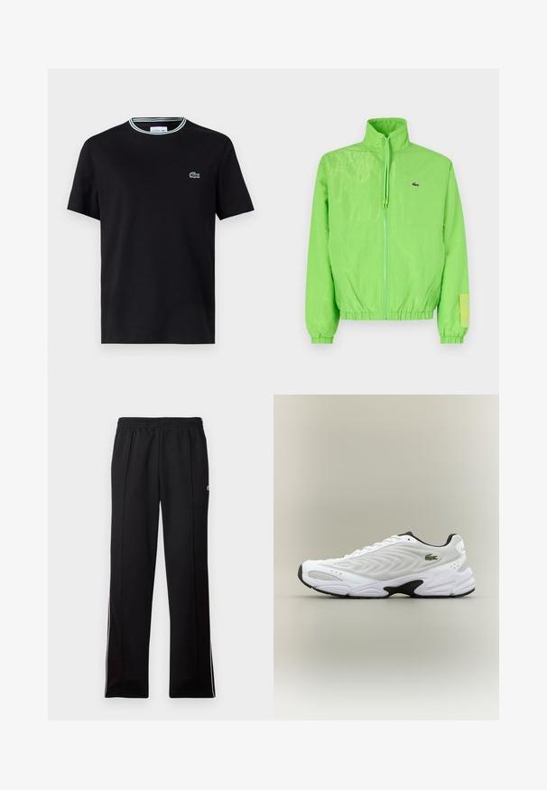 Grüne Windjacke mit hohem Kragen, Reißverschluss vorne, elastischen Bündchen und Saum. Verfügt über ein kleines Logo und ein Etikett-Detail am Ärmel.; Schwarzes Baumwoll-T-Shirt mit Rundhalsausschnitt, ausgestattet mit einem weißen und grünen Streifenrand und einem gestickten grünen Krokodil-Logo auf der linken Brust.; Schwarze, knöchellange Sporthosen mit elastischem Bund und weißen Seitenstreifen, versehen mit einem kleinen grünen Logo auf der oberen Seite.; Weißer Sportschuh mit strukturiertem Mesh-Obermaterial, geschwungenem Design und kontrastierender schwarzer Laufsohle. Mit grünem gesticktem Logo an der Seite.
