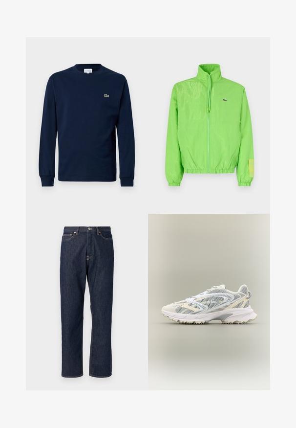 Groene windbreakers met een hoge kraag, ritssluiting aan de voorkant, elastische manchetten en zoom. Bevat een klein logo en een labelaccent op de mouw.; Marineblauw langemouwen t-shirt van katoen, met een ronde hals en een klein groen krokodil logo op de linkerborst.; Donkerblauwe denim jeans met een rechte pijpdesign. Beschikt over een knoop- en ritssluiting, vijf zakken en contrasterende stikdetails.; Witte sportschoen met grijze netpanelen, gestructureerde overlays, een gepolsterde kraag en een rubberen zool met kleine tractiespitten.