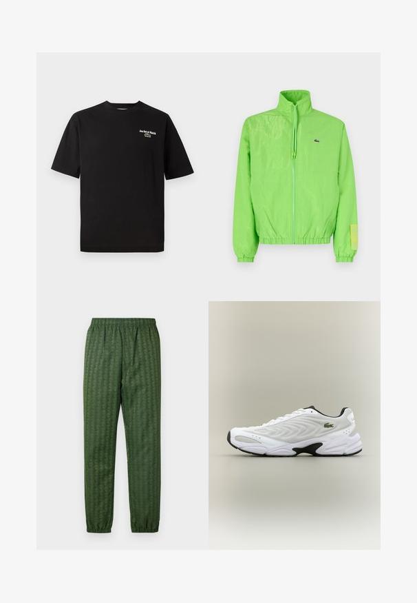 Grüne Windjacke mit hohem Kragen, Reißverschluss vorne, elastischen Bündchen und Saum. Verfügt über ein kleines Logo und ein Etikett-Detail am Ärmel.; Schwarzes Baumwoll-T-Shirt mit kurzen Ärmeln und Rundhalsausschnitt, mit weißer Bestickung "Jeu Set et Match" und einem grünen Krokodil-Logo-Akzent.; Grüne Sporthose mit Muster, elastischem Bund, schmal zulaufenden Beinen und durchgehend geometrischem Design. Hergestellt aus leichtem Material.; Weißer Sportschuh mit strukturiertem Mesh-Obermaterial, geschwungenem Design und kontrastierender schwarzer Laufsohle. Mit grünem gesticktem Logo an der Seite.