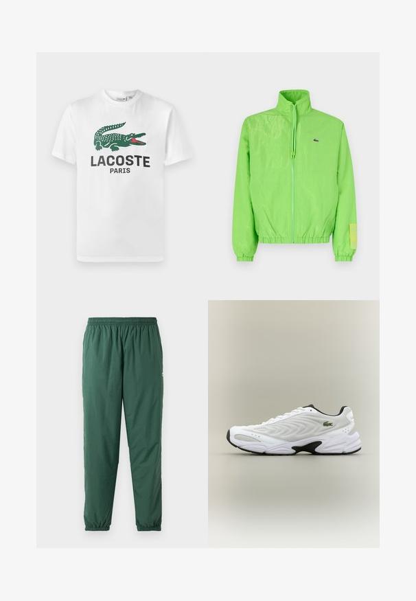 Roheline WINDJAKK, millel on kõrge krae, lukuga esiosa, elastsed varrukad ja allaosa. Kätel on väike logo ja sildike.; Lacoste Trükipildiga T-särk - white; Roheline, kerge, elastne pükste komplekt kogutud talje ja varrukatega, valmistatud siledast veekindlast materjalist.; Valge sportlik king, millel on tekstureeritud võrgu pealisosa, kaardus disain ja kontrastne must tall. Külje peal on roheline tikandiga logo.