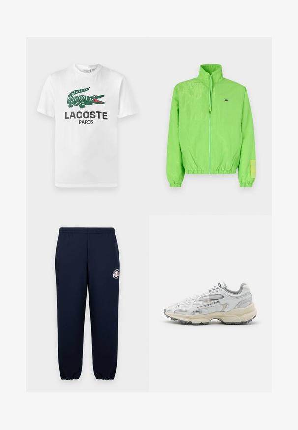 Zelená vetrovka s vysokým golierom, zipsom vpredu, elastickými manžetami a lemom. Má malé logo a výraznú nášivku na rukáve.; Lacoste Tričko s potlačou - white; Námornícke modré tepláky vyrobené z jemnej bavlny s elastickými manžetami a pásom. Na ľavej nohe sa nachádza biele logo Lacoste Paris.; Biele športové topánky s šedými akcentmi, sieťovinovou a syntetickou vrchnou časťou, viazanie na šnúrky a texturovanou gumovou podrážkou s protišmykovými vzormi.