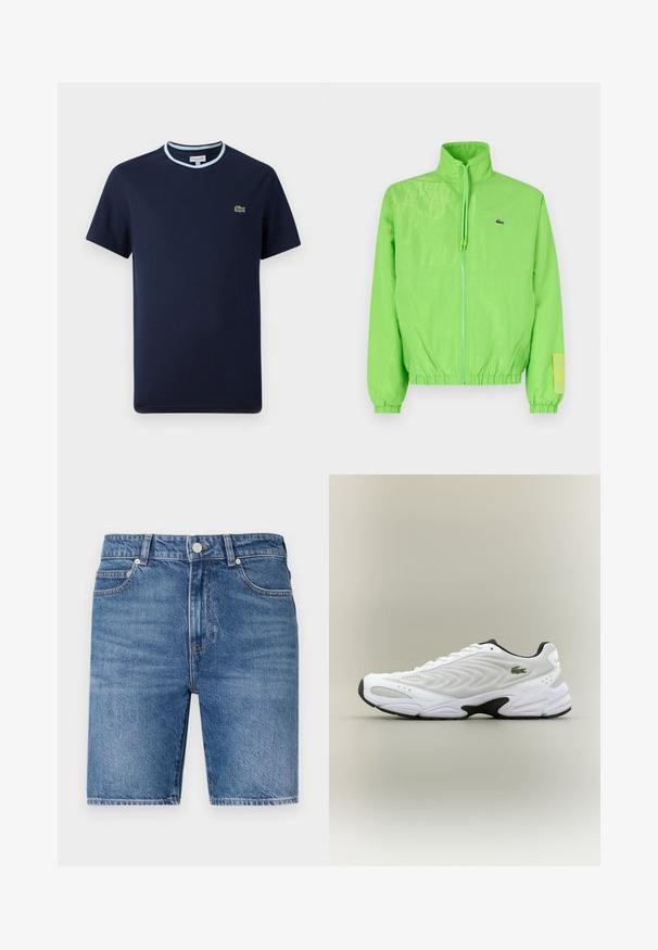Grøn vindjakke med høj krave, lynlåslukning foran, elastiske manchetter og nederste kant. Har et lille logo og en labeldetalje på ærmet.; Marineblåt T-shirt i bomuld, med en lys blå ribbet halsudskæring. Har et lille grønt krokodille-logo på brystet. Kortærmet design.; Denim shorts i mellemblå vask med lige snit, fem-lomme design og topknap lukning. Har kontrasterende syninger.; Hvide atletiske sko med tekstureret mesh-overdel, buet design og kontrasterende sort ydersål. Har en grøn broderet logo på siden.