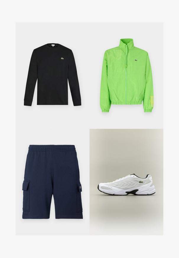 Grøn vindjakke med høj krave, lynlåslukning foran, elastiske manchetter og nederste kant. Har et lille logo og en labeldetalje på ærmet.; Sort langærmet crew neck skjorte med lille grønt krokodillelogo på venstre bryst, vist mod en ensartet lys baggrund.; Marineblå cargoshorts lavet af blødt stof, med elastisk taljebånd, to sidelommer og et lille logo på venstre lomme.; Hvide atletiske sko med tekstureret mesh-overdel, buet design og kontrasterende sort ydersål. Har en grøn broderet logo på siden.