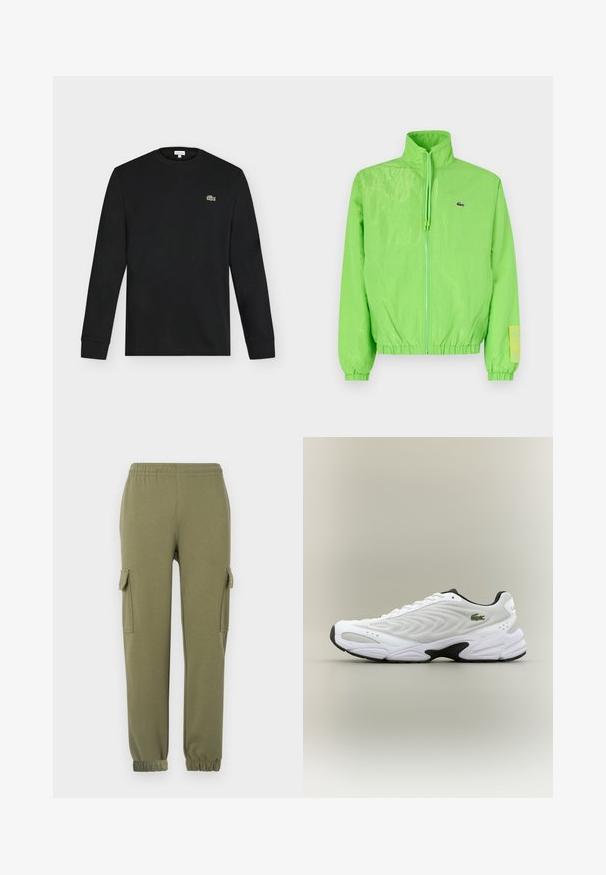 Grüne Windjacke mit hohem Kragen, Reißverschluss vorne, elastischen Bündchen und Saum. Verfügt über ein kleines Logo und ein Etikett-Detail am Ärmel.; Schwarzes Langarmshirt mit Rundhalsausschnitt und kleinem grünen Krokodil-Logo auf der linken Brust, vor einem einfarbigen hellen Hintergrund dargestellt.; Cargo-Hosen aus leichtem, olivgrünem Stoff mit Seitentaschen, elastischem Bund und schmal zulaufenden Bündchen für eine bequeme Passform.; Weißer Sportschuh mit strukturiertem Mesh-Obermaterial, geschwungenem Design und kontrastierender schwarzer Laufsohle. Mit grünem gesticktem Logo an der Seite.