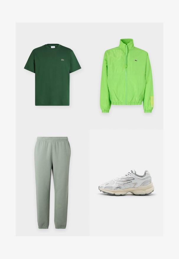 Veste coupe-vent verte avec un col montant, fermeture éclair à l'avant, poignets élastiques et ourlet. Présente un petit logo et un accent en étiquette sur la manche.; T-shirt en coton vert foncé à manches courtes, col rond, avec petit logo crocodile Lacoste sur le côté gauche de la poitrine.; Pantalons de survêtement vert clair avec une taille élastique, des jambes effilées et des ourlets de cheville côtelés. Fabriqués en tissu doux et léger.; Baskets de sport blanches avec des accents gris, tige en maille et synthétique, design à lacets et semelle en caoutchouc texturée avec motifs de traction.