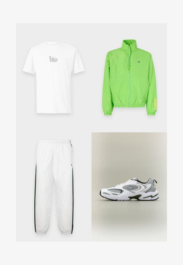 Veste coupe-vent verte avec un col montant, fermeture éclair à l'avant, poignets élastiques et ourlet. Présente un petit logo et un accent en étiquette sur la manche.; T-shirt en coton blanc avec une illustration subtile en gris d'un homard et le texte "Appelle tes amis" centré sur la poitrine. Coupe classique.; Pantalons de sport blancs avec des panneaux latéraux vert foncé. Tissu léger, taille élastique et ourlets côtelés. Présente une texture en maille sur les panneaux latéraux.; Baskets de course blanches et grises avec des panneaux en mesh, accents verts, détails noirs et un logo sur le côté, présentées par l'extérieur.