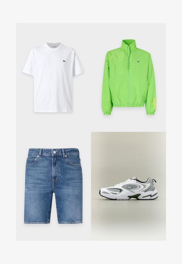 Groene windbreakers met een hoge kraag, ritssluiting aan de voorkant, elastische manchetten en zoom. Bevat een klein logo en een labelaccent op de mouw.; Effen wit T-shirt met korte mouwen, ronde hals en klein groen krokodillenlogo op de linkerborst.; Denim shorts in een middelblauwe wassing met een rechte snit, vijf-pocket ontwerp en sluiting met een bovenste knoop. Heeft contrasterende stiksels.; Witte en grijze sportieve hardloopschoen met meshpanelen, groene accenten, zwarte details en een logo aan de zijkant, getoond vanaf de buitenkant.