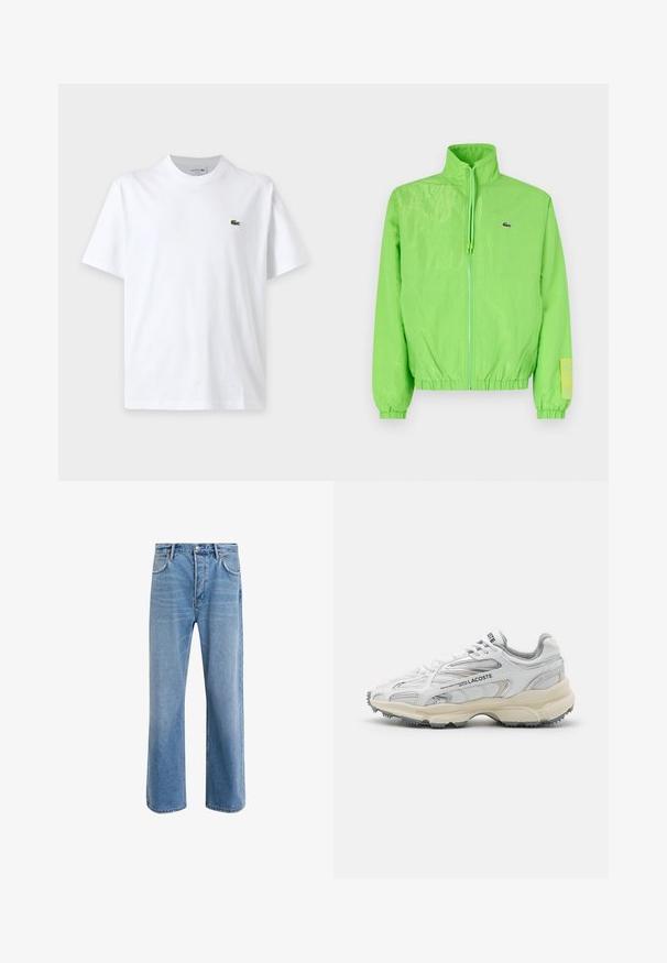 Grüne Windjacke mit hohem Kragen, Reißverschluss vorne, elastischen Bündchen und Saum. Verfügt über ein kleines Logo und ein Etikett-Detail am Ärmel.; Schlichtes weißes T-Shirt mit kurzen Ärmeln, Rundhalsausschnitt und kleinem grünem Krokodil-Logo auf der linken Brust.; Helle blaue Jeans im Geradeschnitt-Design, mit fünf Taschen, Knopfverschluss, minimaler Ausbleichung und kontrastierenden Nähdetails.; Weiße Sportschuhe mit grauen Akzenten, Obermaterial aus Mesh und Synthetik, Schnürdesign und rutschfester Gummisohle mit Strukturmustern.