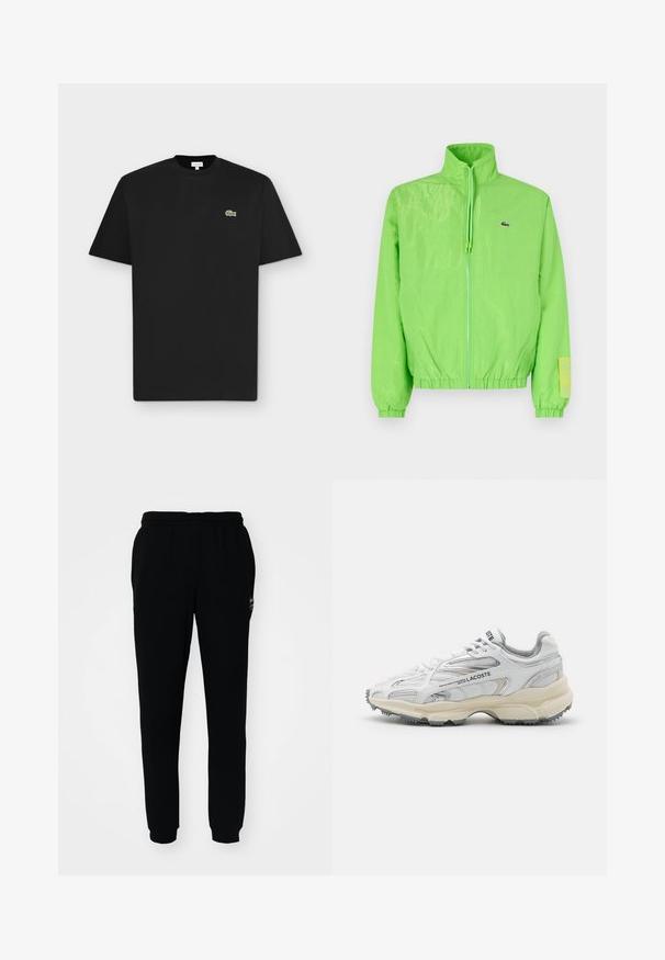 Veste coupe-vent verte avec un col montant, fermeture éclair à l'avant, poignets élastiques et ourlet. Présente un petit logo et un accent en étiquette sur la manche.; T-shirt noir à manches courtes avec col rond et petit logo crocodile vert sur le côté gauche de la poitrine sur fond gris clair.; Pantalons de survêtement noirs avec une taille élastique et des poignets élastiques. Fabriqués en tissu doux, comportant un petit logo sur le coin supérieur gauche.; Baskets de sport blanches avec des accents gris, tige en maille et synthétique, design à lacets et semelle en caoutchouc texturée avec motifs de traction.