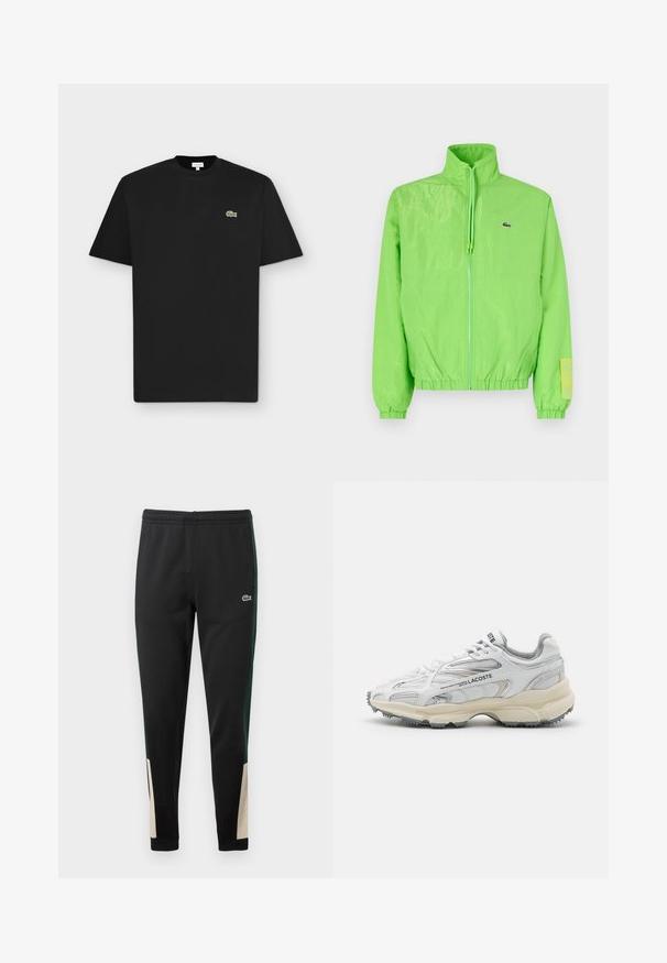 Veste coupe-vent verte avec un col montant, fermeture éclair à l'avant, poignets élastiques et ourlet. Présente un petit logo et un accent en étiquette sur la manche.; T-shirt noir à manches courtes avec col rond et petit logo crocodile vert sur le côté gauche de la poitrine sur fond gris clair.; Pantalon de survêtement noir avec des rayures latérales vertes et des accents beiges aux poignets. Taille élastique et logo Lacoste sur le devant. Texture lisse.; Baskets de sport blanches avec des accents gris, tige en maille et synthétique, design à lacets et semelle en caoutchouc texturée avec motifs de traction.