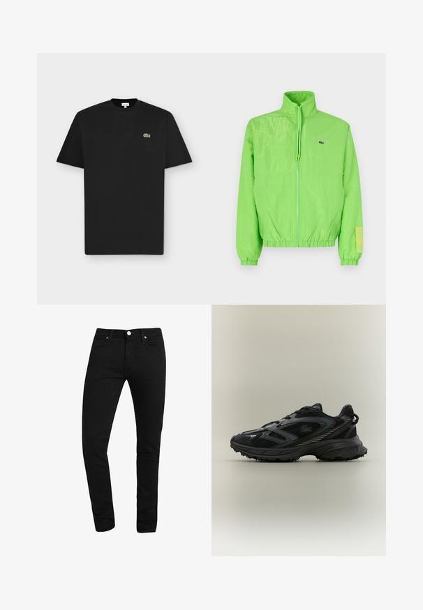 Grøn vindjakke med høj krave, lynlåslukning foran, elastiske manchetter og nederste kant. Har et lille logo og en labeldetalje på ærmet.; Sort kortærmet crew neck t-shirt med et lille grønt krokodil-logo på venstre bryst på en lysegrå baggrund.; Sorte slim-fit jeans med forlommer, bæltestropper, knaplukning og synlig syning på hvid baggrund.; Sort atletisk sko med meshpaneler, en tekstureret sål, snørebånd og en buet silhuet med sølvfarvede accenter på siderne.