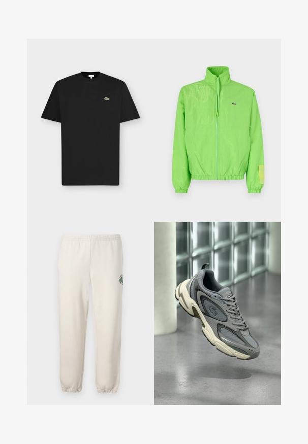 Grüne Windjacke mit hohem Kragen, Reißverschluss vorne, elastischen Bündchen und Saum. Verfügt über ein kleines Logo und ein Etikett-Detail am Ärmel.; Schwarzes kurzärmliges T-Shirt mit Rundhalsausschnitt und kleinem grünem Krokodil-Logo auf der linken Brust auf hellgrauem Hintergrund.; Helle beige Sweatpants aus Baumwolle mit einem elastischen Bund, gerippten Bündchen und einem grünen Logo mit Blattdesign am linken Bein.; Grauer und weißer Sneaker mit Mesh- und Lederpaneelen, schwebend über einem polierten Betonboden vor einer Wand aus Glasbausteinen.