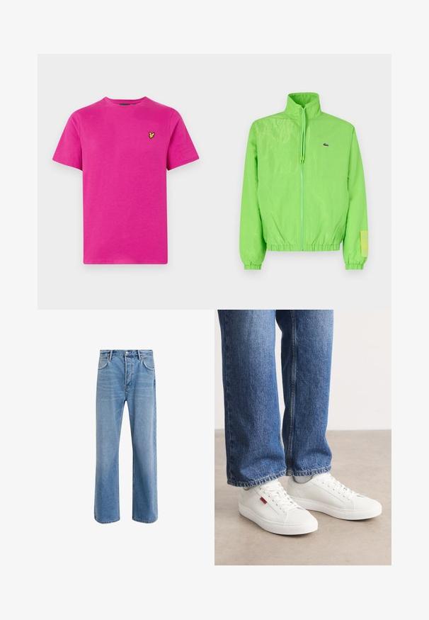 Grüne Windjacke mit hohem Kragen, Reißverschluss vorne, elastischen Bündchen und Saum. Verfügt über ein kleines Logo und ein Etikett-Detail am Ärmel.; Rosa Baumwoll-T-Shirt mit Rundhalsausschnitt und kurzen Ärmeln. Verfügt über ein kleines gelbes, gesticktes Logo auf der linken Brust. Weiche Textur.; Helle blaue Jeans im Geradeschnitt-Design, mit fünf Taschen, Knopfverschluss, minimaler Ausbleichung und kontrastierenden Nähdetails.; Weiße Sneakers mit glatter Oberfläche, runder Spitze und flacher Sohle. Ergänzt durch blaue Jeans im geraden Schnitt mit sichtbaren Nähten.