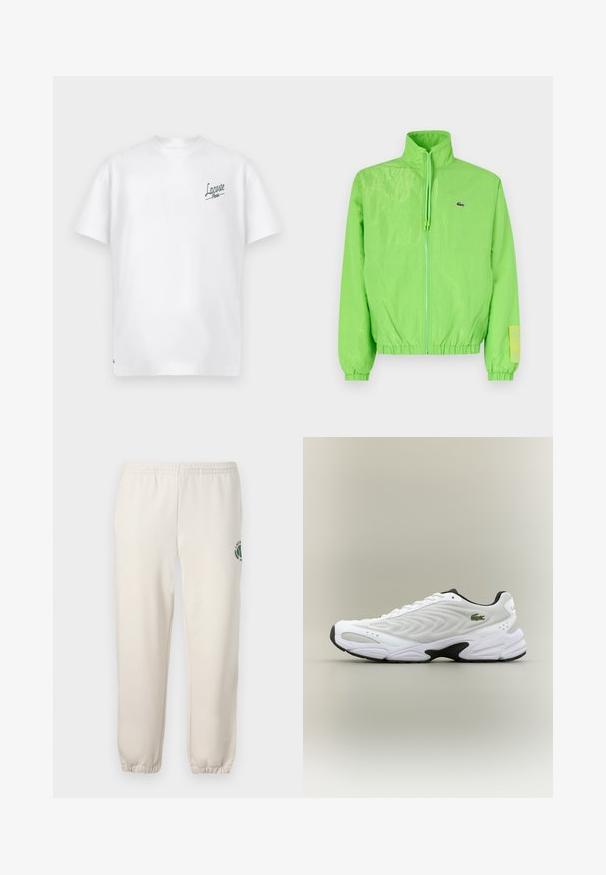 Groene windbreakers met een hoge kraag, ritssluiting aan de voorkant, elastische manchetten en zoom. Bevat een klein logo en een labelaccent op de mouw.; Witte katoenen t-shirt met een ronde hals en korte mouwen. Heeft een groen "Lacoste Paris" logo op de linkerborst. Zachte textuur.; Lichtbeige sweatpants van katoen, met een elastische tailleband, geribde boorden en een groen logo met een bladerenontwerp op het linkerpand.; Witte sportieve schoen met een textuur van gaas bovenwerk, gebogen ontwerp en contrasterende zwarte zool. Heeft een groen geborduurd logo aan de zijkant.