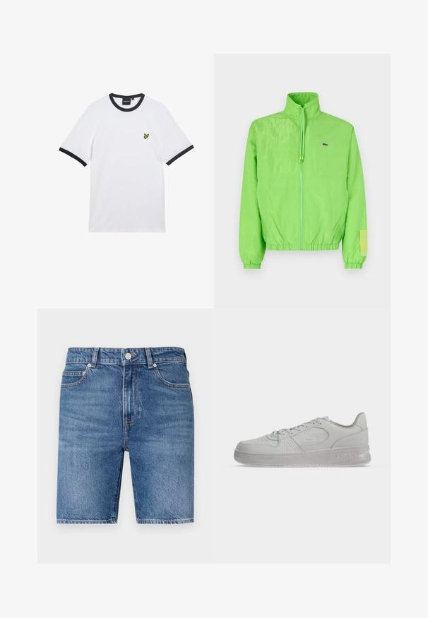 Veste coupe-vent verte avec un col montant, fermeture éclair à l'avant, poignets élastiques et ourlet. Présente un petit logo et un accent en étiquette sur la manche.; T-shirt en coton blanc avec col et bordures des manches côtelés bleu marine. Présente un petit logo jaune brodé sur la poitrine.; Shorts en denim avec un délavage bleu moyen, coupe droite, design à cinq poches et fermeture par bouton supérieur. Présente des coutures contrastées.; Baskets basses blanches Lacoste avec lacets, logo embossé sur le côté et semelle texturée sur fond uni.