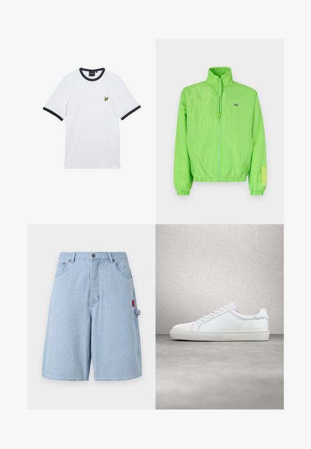 Veste coupe-vent verte avec un col montant, fermeture éclair à l'avant, poignets élastiques et ourlet. Présente un petit logo et un accent en étiquette sur la manche.; T-shirt en coton blanc avec col et bordures des manches côtelés bleu marine. Présente un petit logo jaune brodé sur la poitrine.; Shorts en denim bleu clair avec un motif texturé, deux poches avant et une poche latérale avec un détail de label rouge.; Sneaker blanche avec une tige en cuir lisse et un profil bas. Présente un bout arrondi, six œillets et une semelle en caoutchouc texturé.